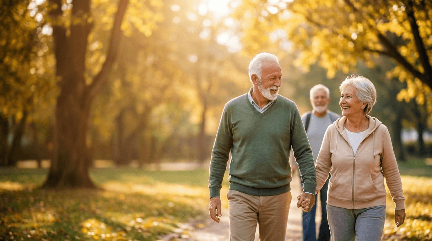 Happy elderly couple walking hand in hand through a sunlit autumn park